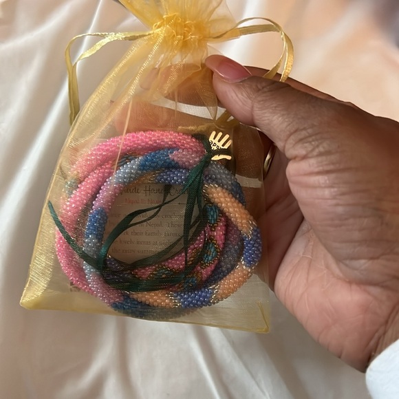 Set of 2 Pink, Blue Pattern Roll Over Handmade Glass Beaded Crochet Bracelet - Picture 6 of 8